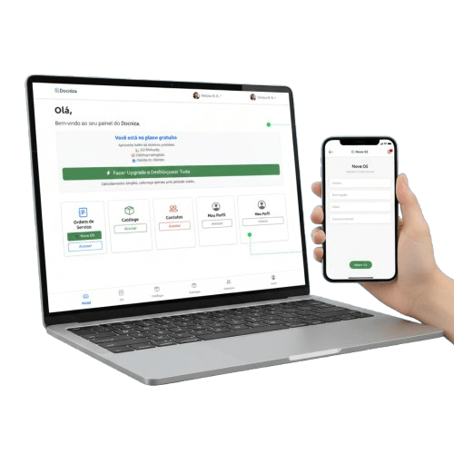 Mockup do sistema Docniza em um notebook